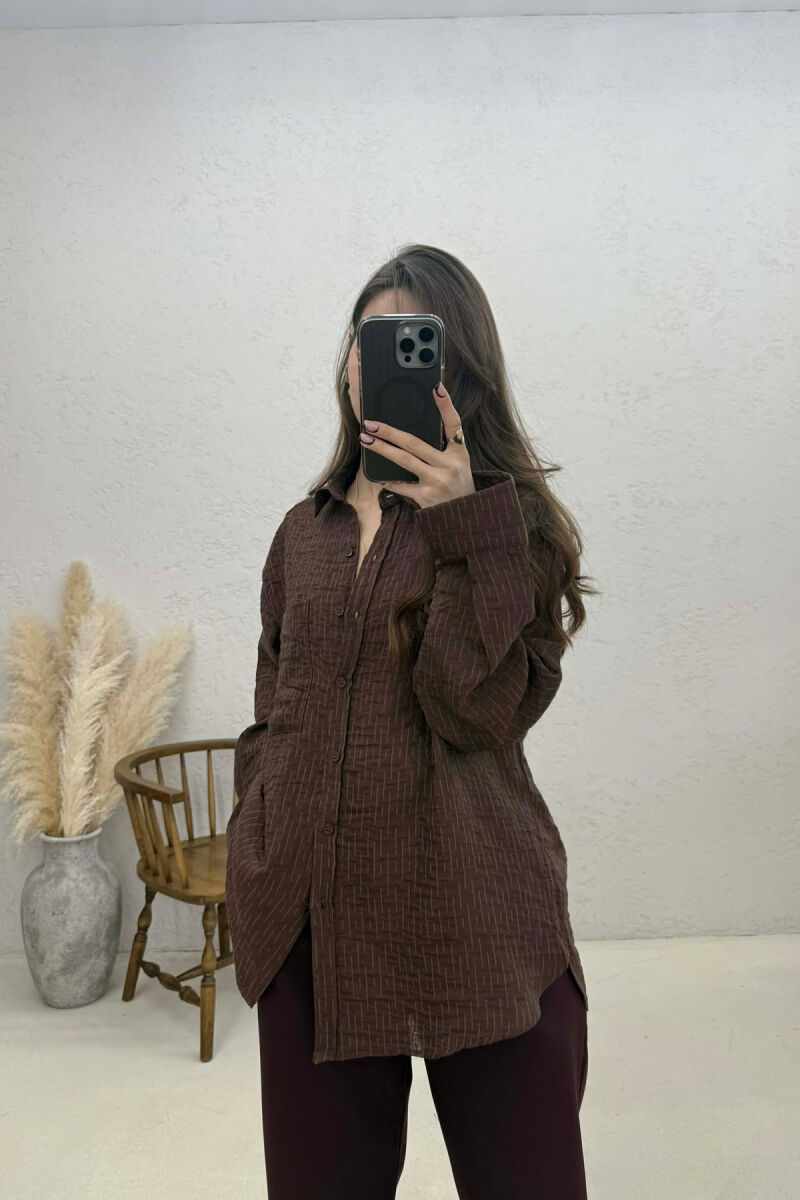 ONE COLOR FRONT POCKET WOMAN SHIRT BROWN/KAFE - 2