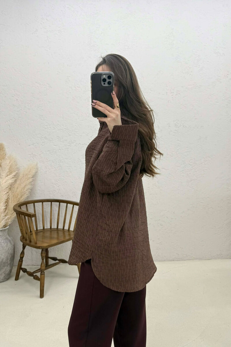 ONE COLOR FRONT POCKET WOMAN SHIRT BROWN/KAFE - 3