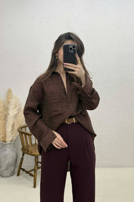 ONE COLOR FRONT POCKET WOMAN SHIRT BROWN/KAFE - 4