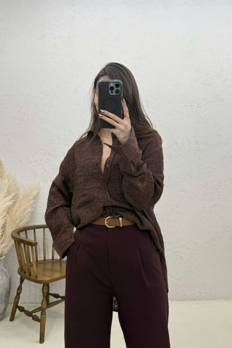 ONE COLOR FRONT POCKET WOMAN SHIRT BROWN/KAFE - 5