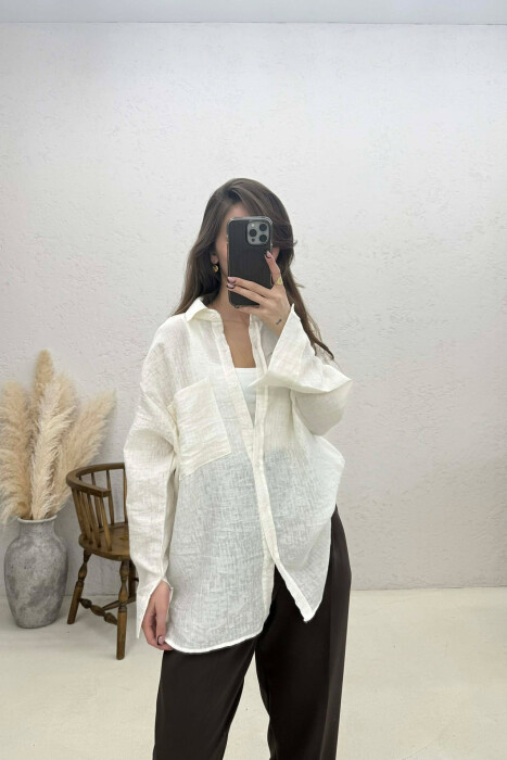 ONE COLOR FRONT POCKET WOMAN SHIRT CREAM/KREM 