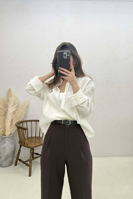 ONE COLOR FRONT POCKET WOMAN SHIRT CREAM/KREM - 3