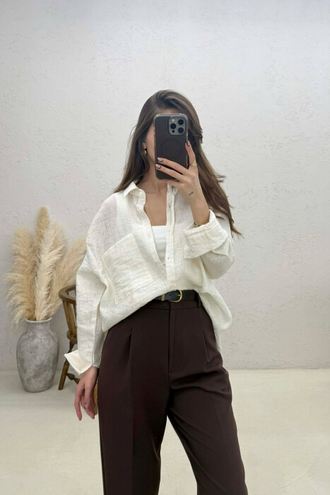 ONE COLOR FRONT POCKET WOMAN SHIRT CREAM/KREM - 4