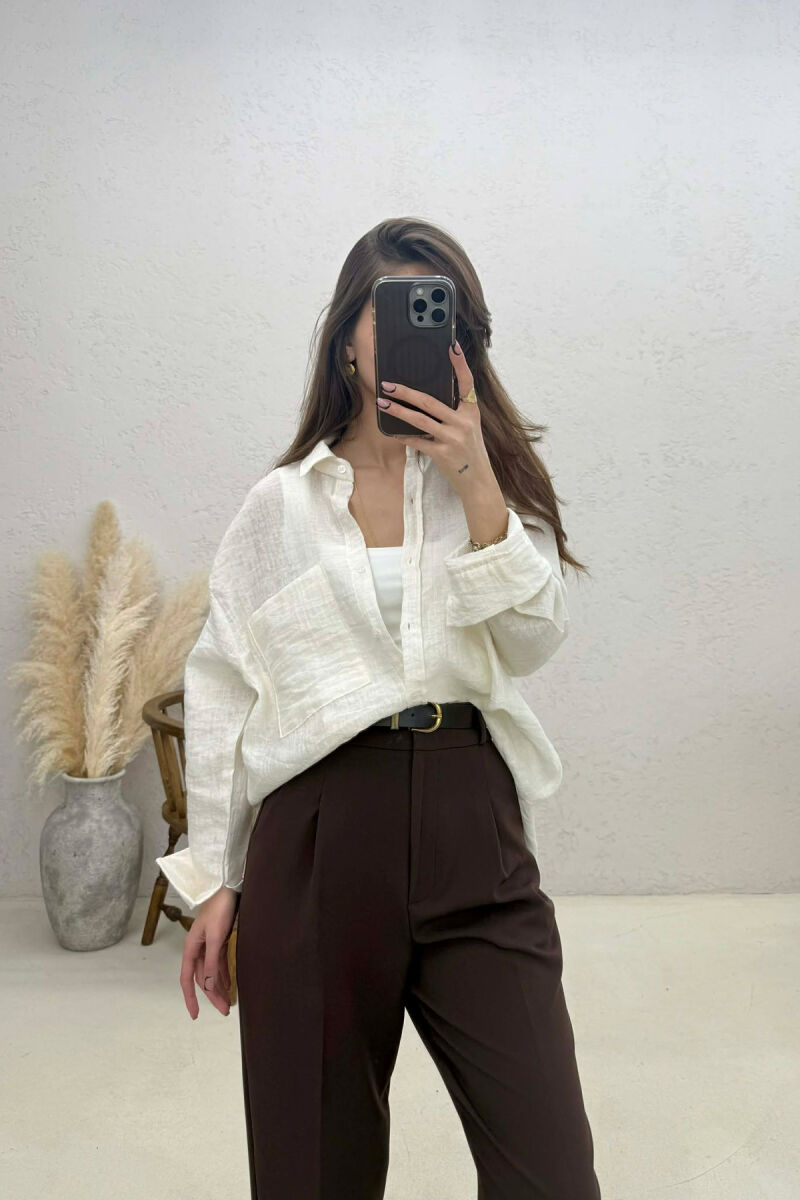 ONE COLOR FRONT POCKET WOMAN SHIRT CREAM/KREM - 4