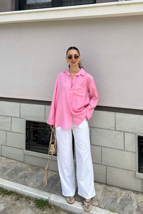 ONE COLOR FRONT POCKET WOMAN SHIRT PINK/ROZE - 3