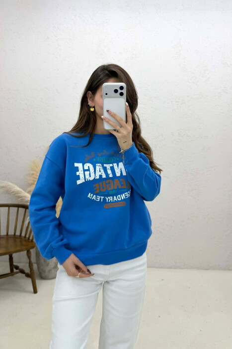 ONE COLOR FRONT PRINTED WOMAN SWEATSHIRT BLUE/BLU - KLAUDIO FASHION