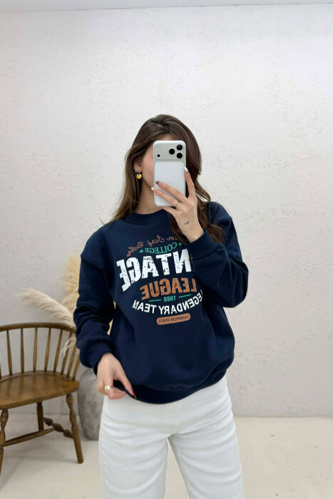 ONE COLOR FRONT PRINTED WOMAN SWEATSHIRT DARK BLUE/BEE 