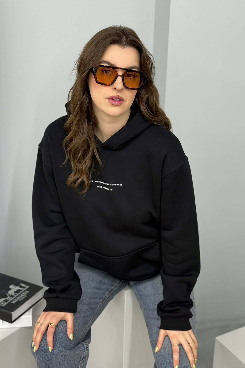 ONE COLOR FRONT SIMPLE WRITTING WOMEN HOODIE BLACK/ E ZEZE - 3