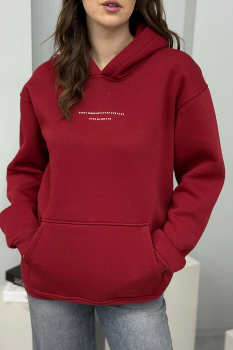 ONE COLOR FRONT SIMPLE WRITTING WOMEN HOODIE BURGUNDY/VISHNJE - 2