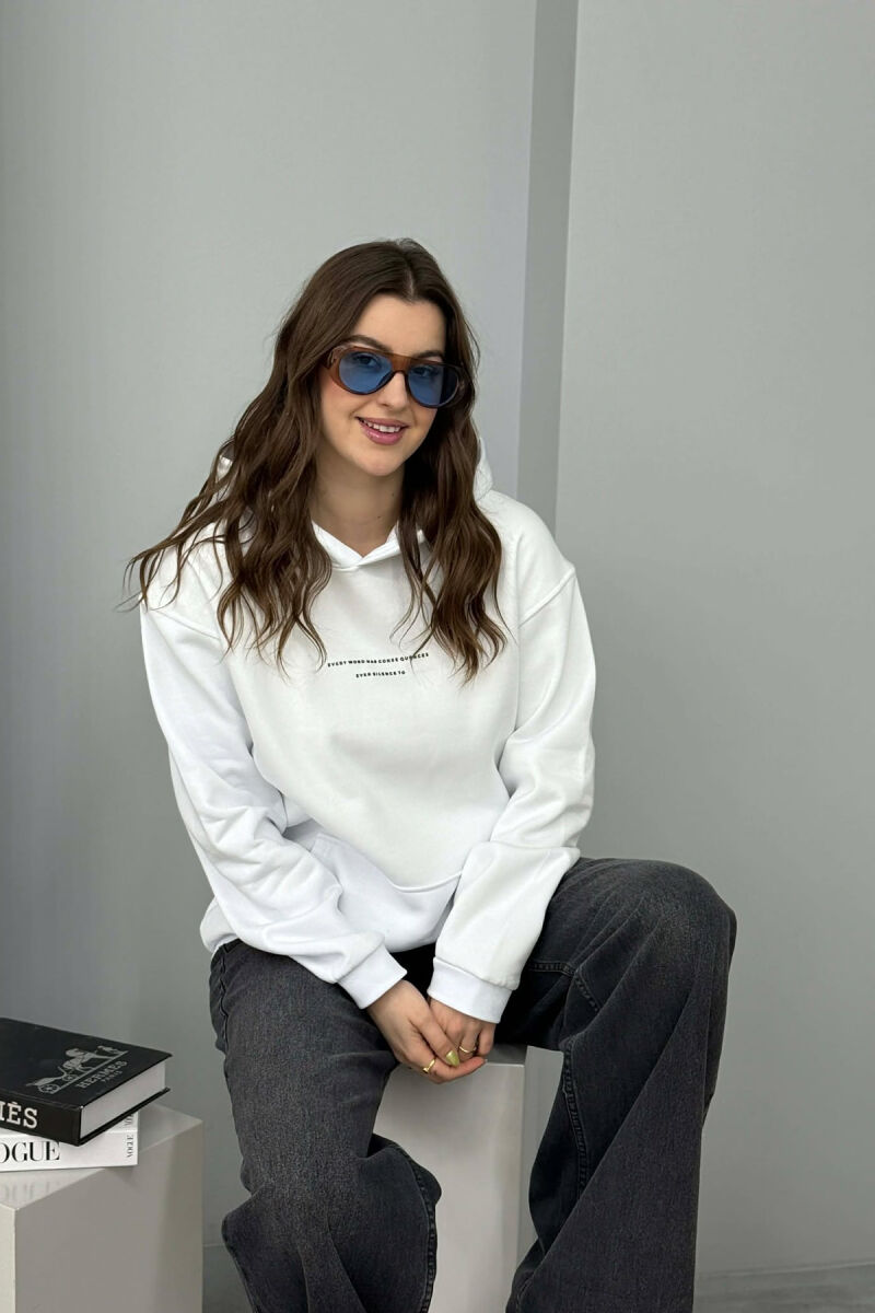 ONE COLOR FRONT SIMPLE WRITTING WOMEN HOODIE WHITE-E BARDHE - 4