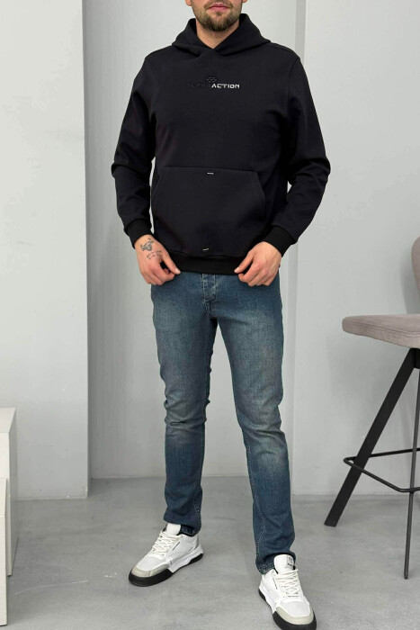 ONE COLOR FRONT WRITTING MEN HOODIE DARK BLUE/BEE - 1
