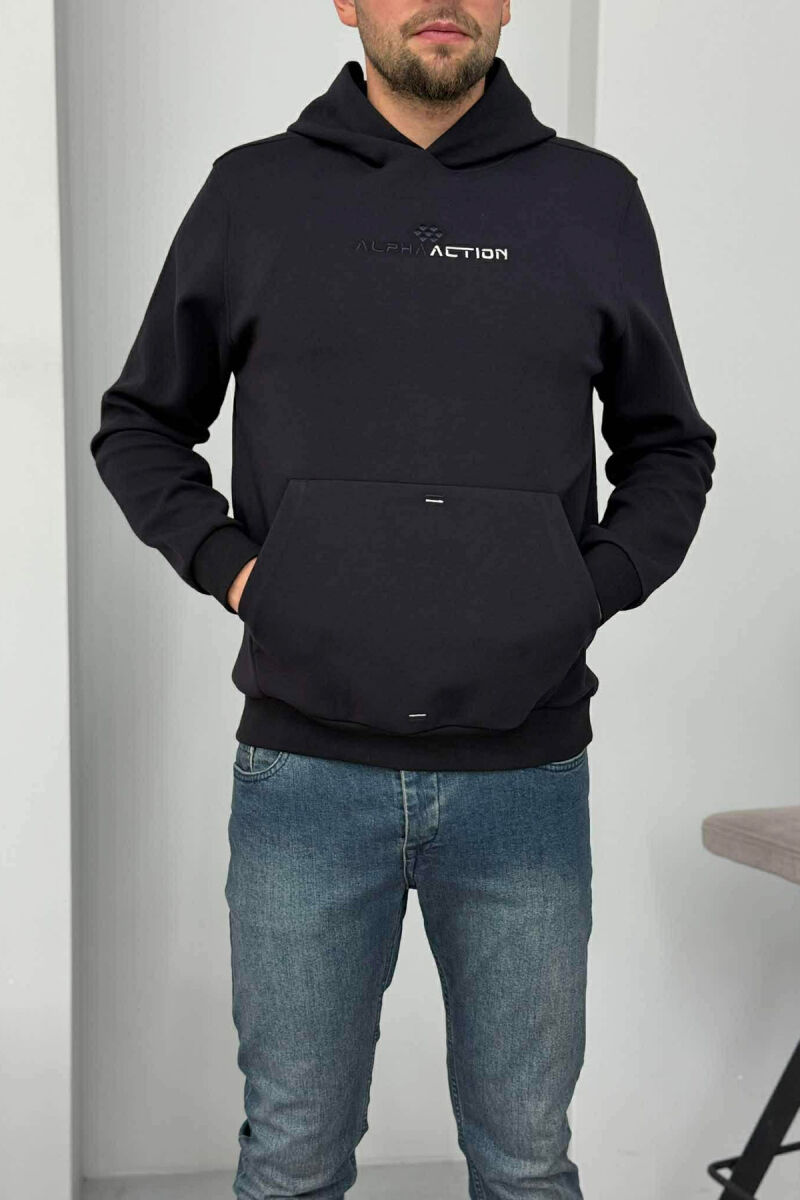 ONE COLOR FRONT WRITTING MEN HOODIE DARK BLUE/BEE - 2