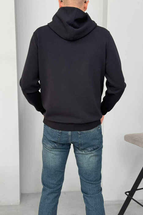 ONE COLOR FRONT WRITTING MEN HOODIE DARK BLUE/BEE - 3