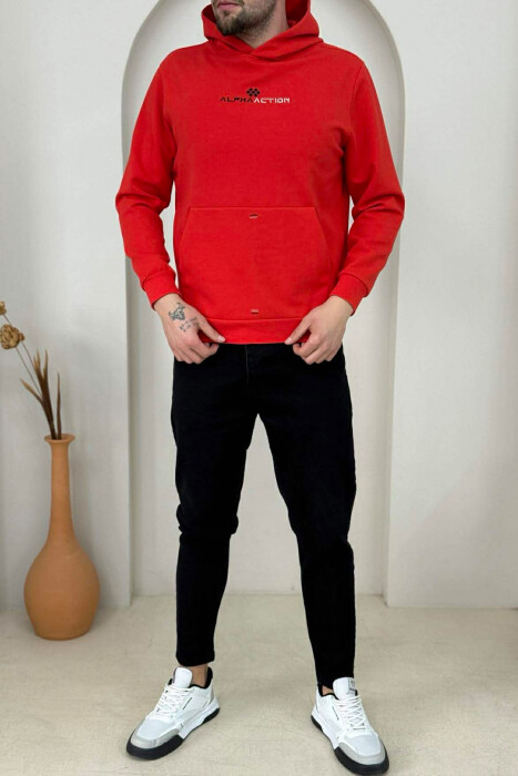 ONE COLOR FRONT WRITTING MEN HOODIE RED/E KUQE - KLAUDIO FASHION