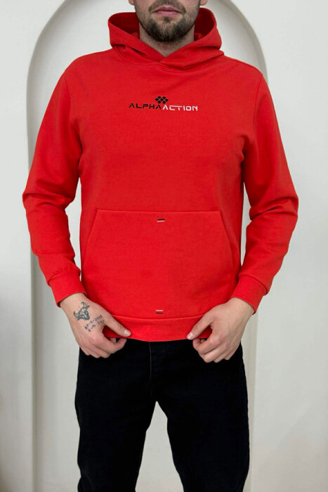 ONE COLOR FRONT WRITTING MEN HOODIE RED/E KUQE - KLAUDIO FASHION