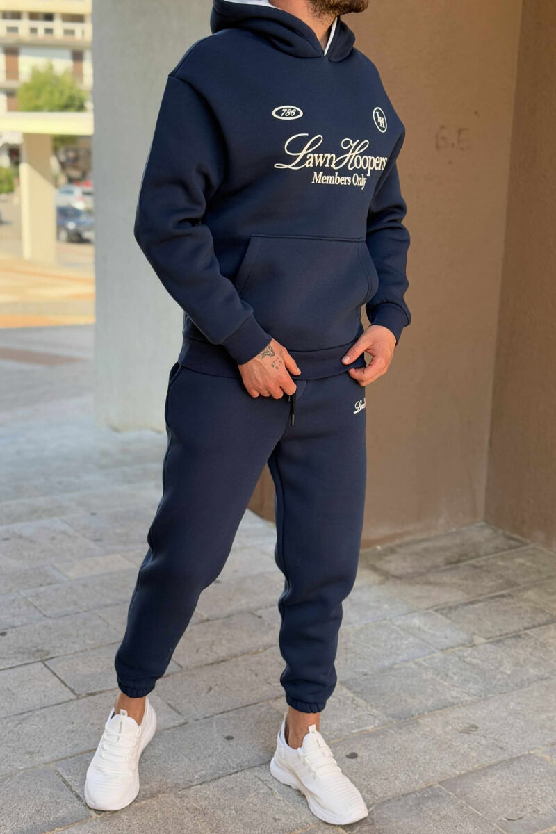 ONE COLOR FRONT WRITTINGS HOODIE+JOGGERS MEN SET BLUE/BLU - 5