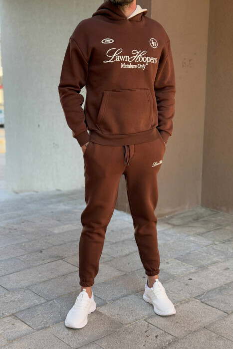 ONE COLOR FRONT WRITTINGS HOODIE+JOGGERS MEN SET BROWN/KAFE - KLAUDIO FASHION