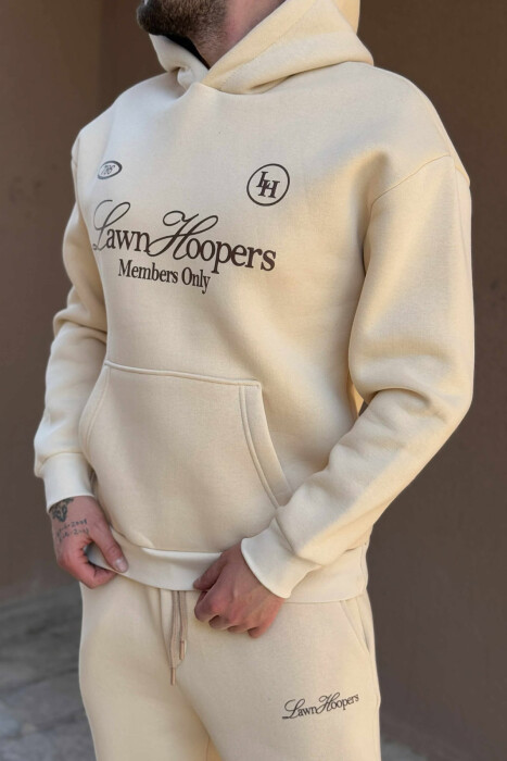 ONE COLOR FRONT WRITTINGS HOODIE+JOGGERS MEN SET CREAM/KREM - 2