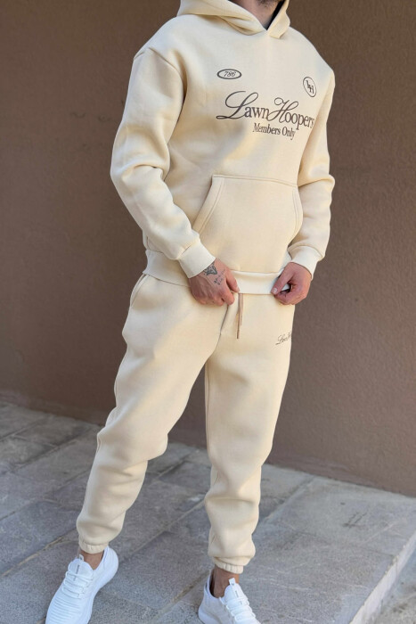 ONE COLOR FRONT WRITTINGS HOODIE+JOGGERS MEN SET CREAM/KREM - 4