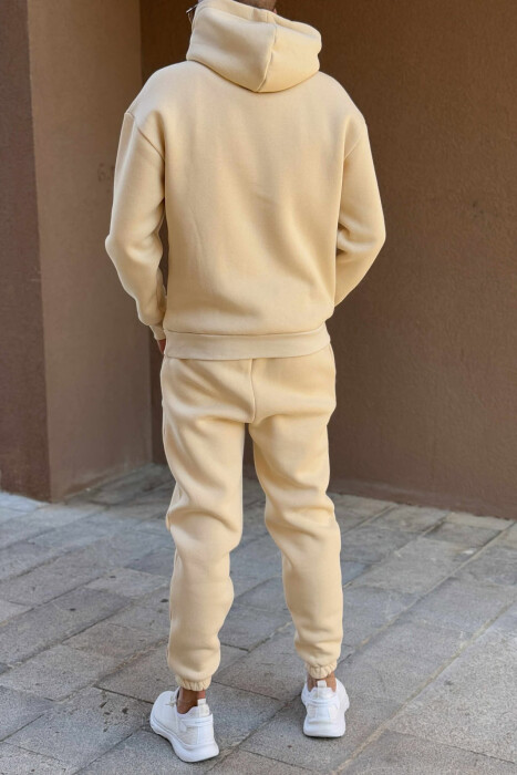 ONE COLOR FRONT WRITTINGS HOODIE+JOGGERS MEN SET CREAM/KREM - 5