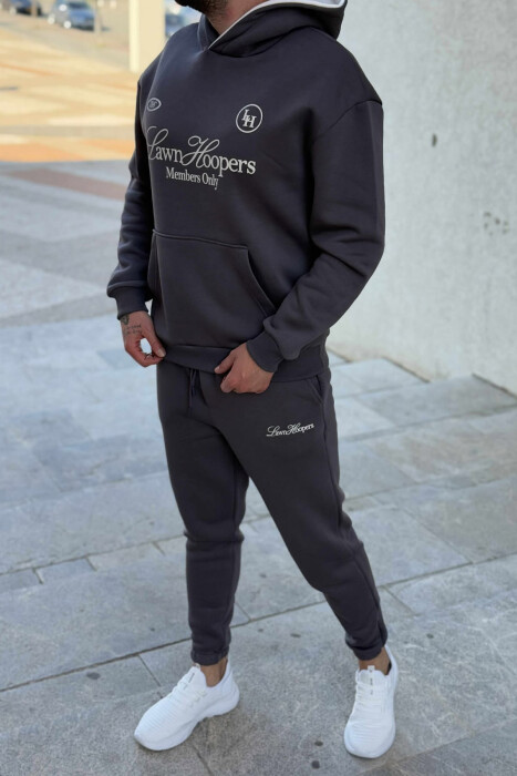 ONE COLOR FRONT WRITTINGS HOODIE+JOGGERS MEN SET DARK GREY/GEE - 5