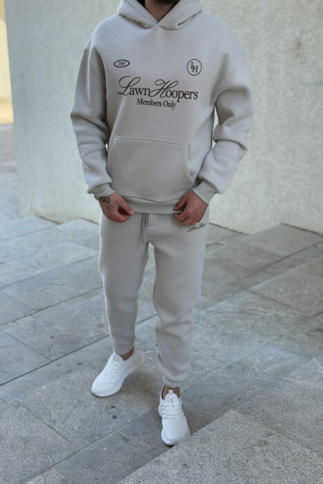 ONE COLOR FRONT WRITTINGS HOODIE+JOGGERS MEN SET LIGHT GREY/GZ - KLAUDIO FASHION
