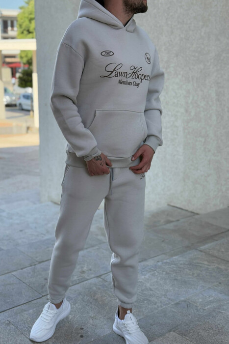 ONE COLOR FRONT WRITTINGS HOODIE+JOGGERS MEN SET LIGHT GREY/GZ - 5