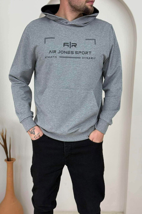 ONE COLOR FRONT WRITTINGS MEN HOODIE GREY/GRI - KLAUDIO FASHION