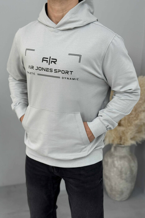 HOODIE NJË NGJYRËSHE ME DETAJIN E SHKRIMIT PARA PËR MESHKUJ NE NGJYRËN GRI TË HAPUR - KLAUDIO FASHION