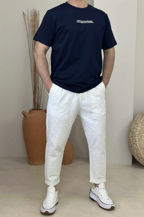 ONE COLOR FRONT WRITTINGS MEN T-SHIRT DARK BLUE/BEE - 2