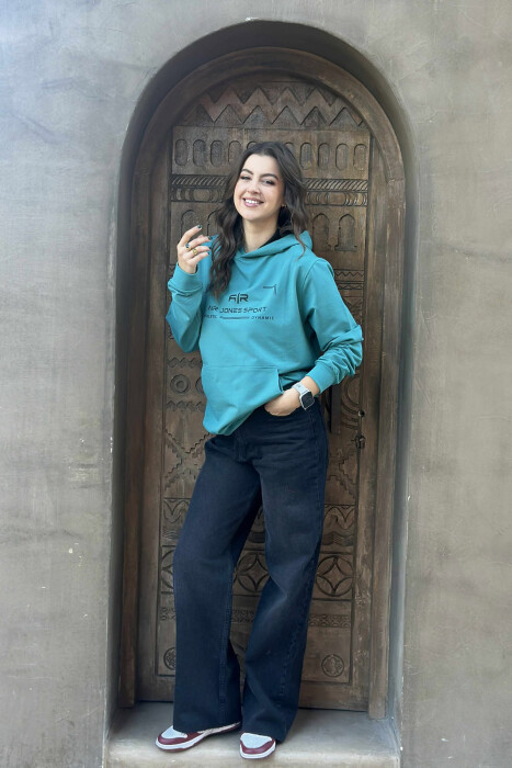 ONE COLOR FRONT WRITTINGS WOMEN HOODIE BLUE STONE/GK - KLAUDIO FASHION