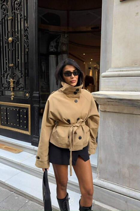 ONE COLOR FUNNEL-NECK SHORT WOMEN JACKET BEIGE/BEZHE - KLAUDIO FASHION