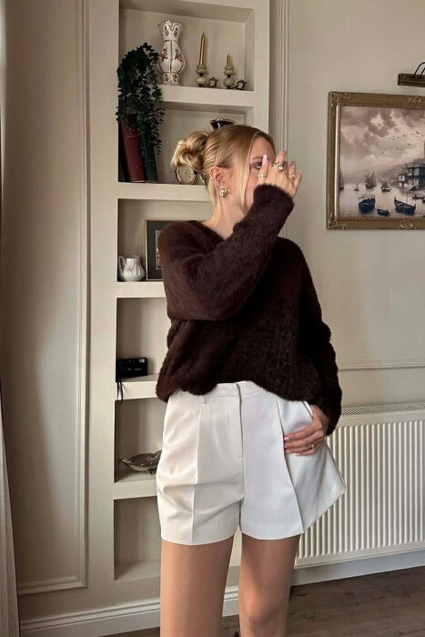 ONE COLOR FUZZY WOMEN SWEATER DARK BROWN/KAE - 3