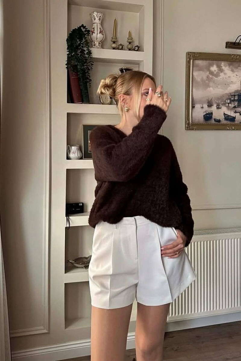 ONE COLOR FUZZY WOMEN SWEATER DARK BROWN/KAE - 3