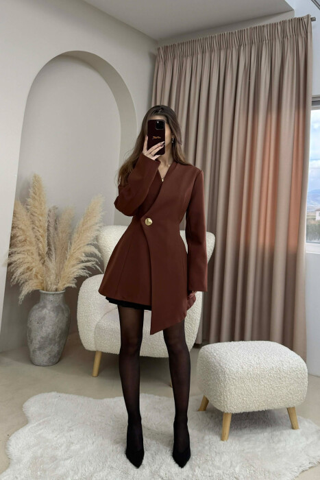 ONE COLOR GOLD BUTTON WOMEN JACKET DARK BROWN/KAE - KLAUDIO FASHION