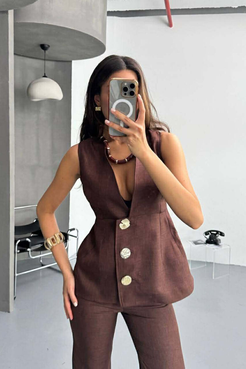 ONE COLOR GOLD BUTTONS DETAIL VEST+ TROUSERS WOMAN SET DARK BROWN/KAE - 3