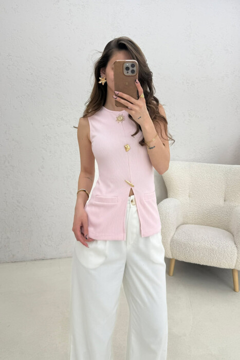 ONE COLOR GOLD BUTTONS DETAILS WOMEN TANK TOP PINK/ROZE - 