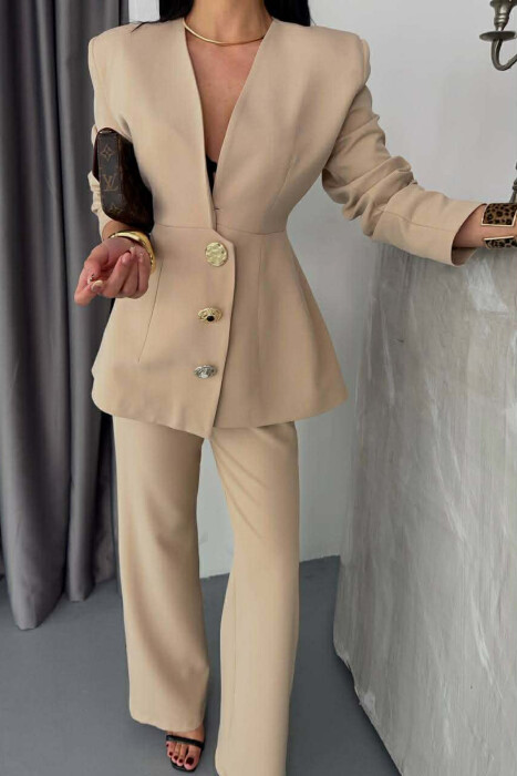 ONE COLOR GOLD BUTTONS JACKET+TROUSERS WOMEN SET BEIGE/BEZHE - 2