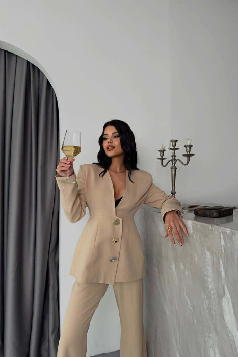 ONE COLOR GOLD BUTTONS JACKET+TROUSERS WOMEN SET BEIGE/BEZHE - 6