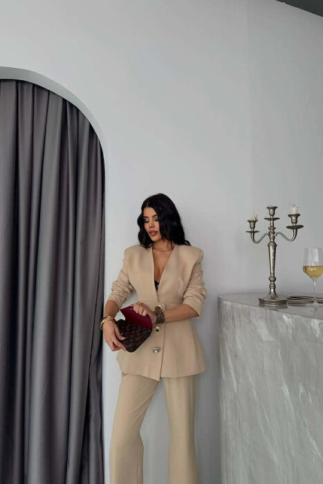 ONE COLOR GOLD BUTTONS JACKET+TROUSERS WOMEN SET BEIGE/BEZHE - 7