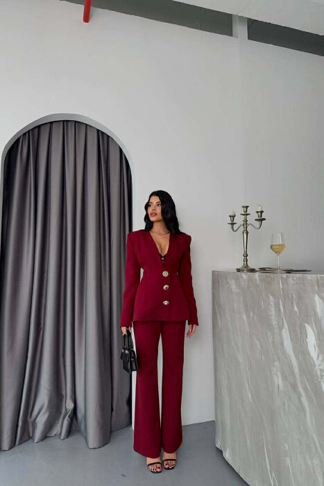 ONE COLOR GOLD BUTTONS JACKET+TROUSERS WOMEN SET BURGUNDY/VISHNJE - 1