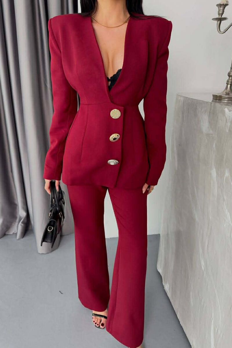 ONE COLOR GOLD BUTTONS JACKET+TROUSERS WOMEN SET BURGUNDY/VISHNJE - 3