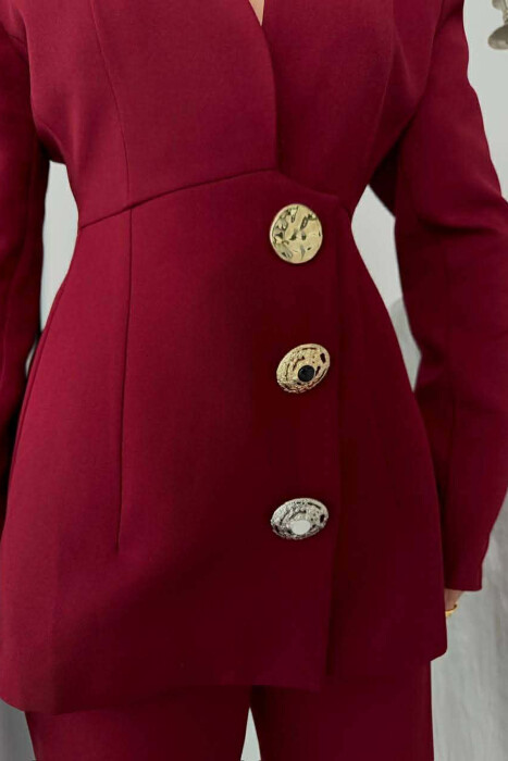 ONE COLOR GOLD BUTTONS JACKET+TROUSERS WOMEN SET BURGUNDY/VISHNJE - 5