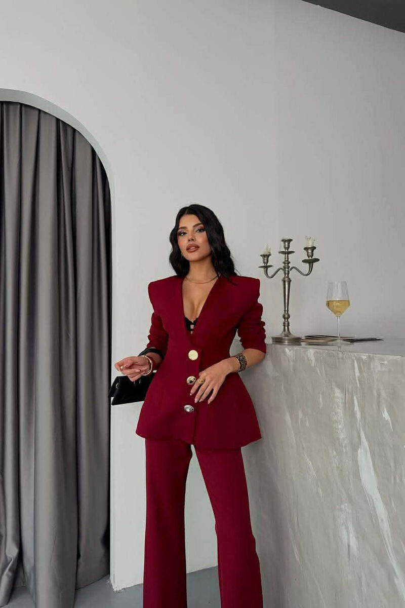ONE COLOR GOLD BUTTONS JACKET+TROUSERS WOMEN SET BURGUNDY/VISHNJE - 6