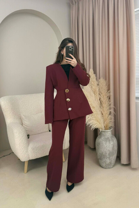ONE COLOR GOLD BUTTONS JACKET+TROUSERS WOMEN SET DARK BURGUNDY/VISHNJE E ERRET - KLAUDIO FASHION