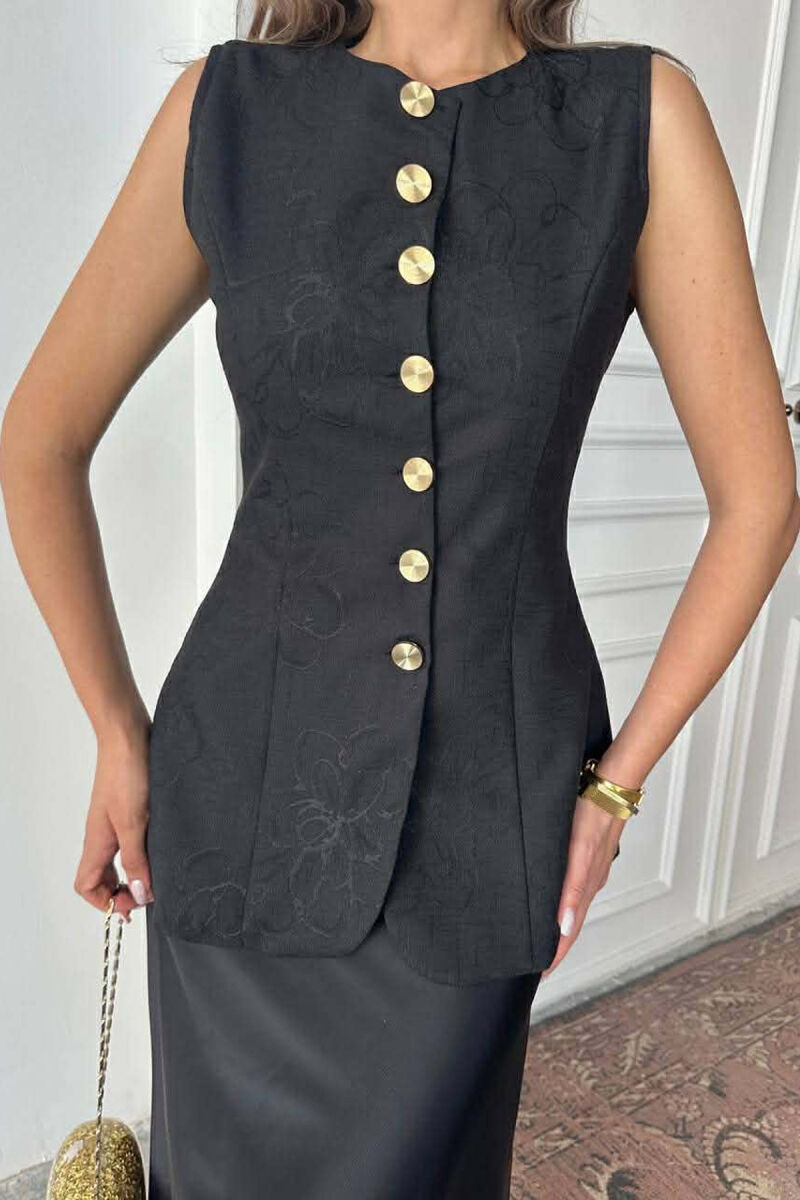 ONE COLOR GOLD BUTTONS LONG WOMEN VEST BLACK/ E ZEZE - 2