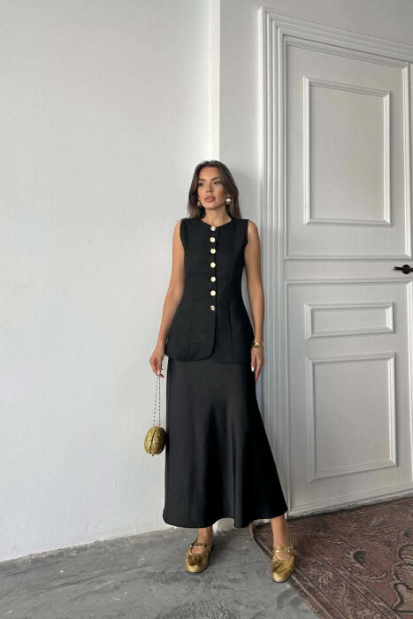 ONE COLOR GOLD BUTTONS LONG WOMEN VEST BLACK/ E ZEZE - 3