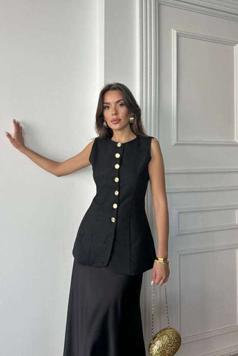 ONE COLOR GOLD BUTTONS LONG WOMEN VEST BLACK/ E ZEZE - KLAUDIO FASHION