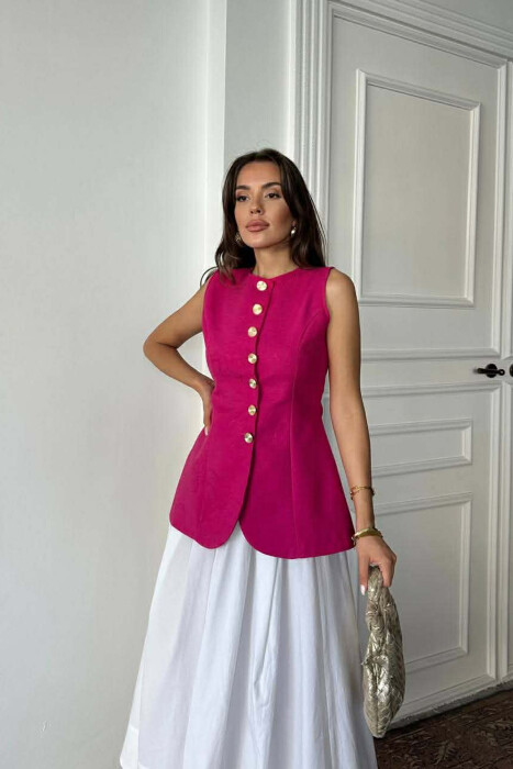ONE COLOR GOLD BUTTONS LONG WOMEN VEST FUCHSIA/CIKLAMI - 2