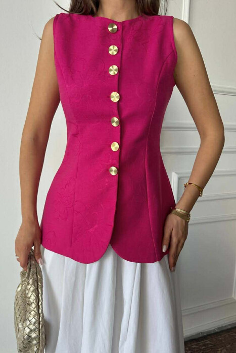 ONE COLOR GOLD BUTTONS LONG WOMEN VEST FUCHSIA/CIKLAMI - 3